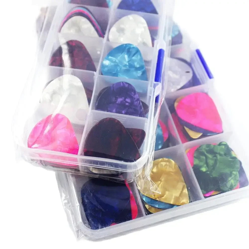Lots of 100Pcs Mix Color with Box Soli Celluloid Guitar Picks Plectrum 0.46/0.71/0.81/0.96/1.2/1.5mm Size Optional