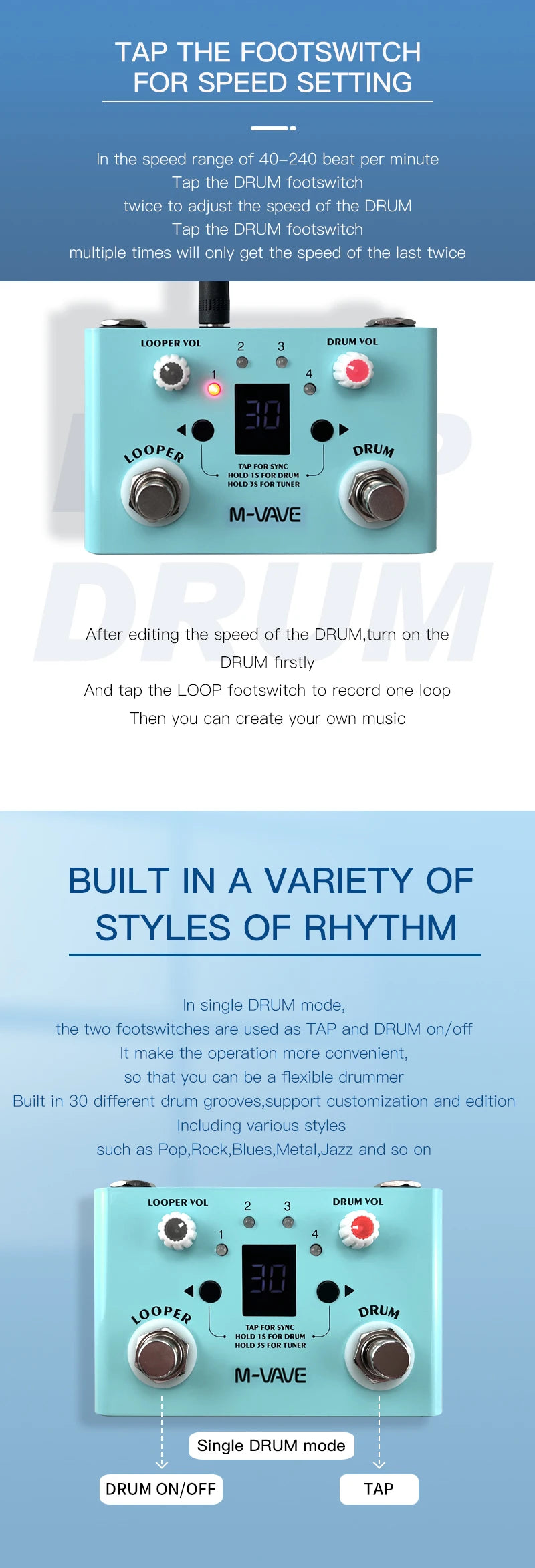 M-VAVE Guitar Effect Pedal Drum Looper Effector Mini 2-in-1 Machine Double Footswitch Looper Pedal LOST TEMPO CUVAVE