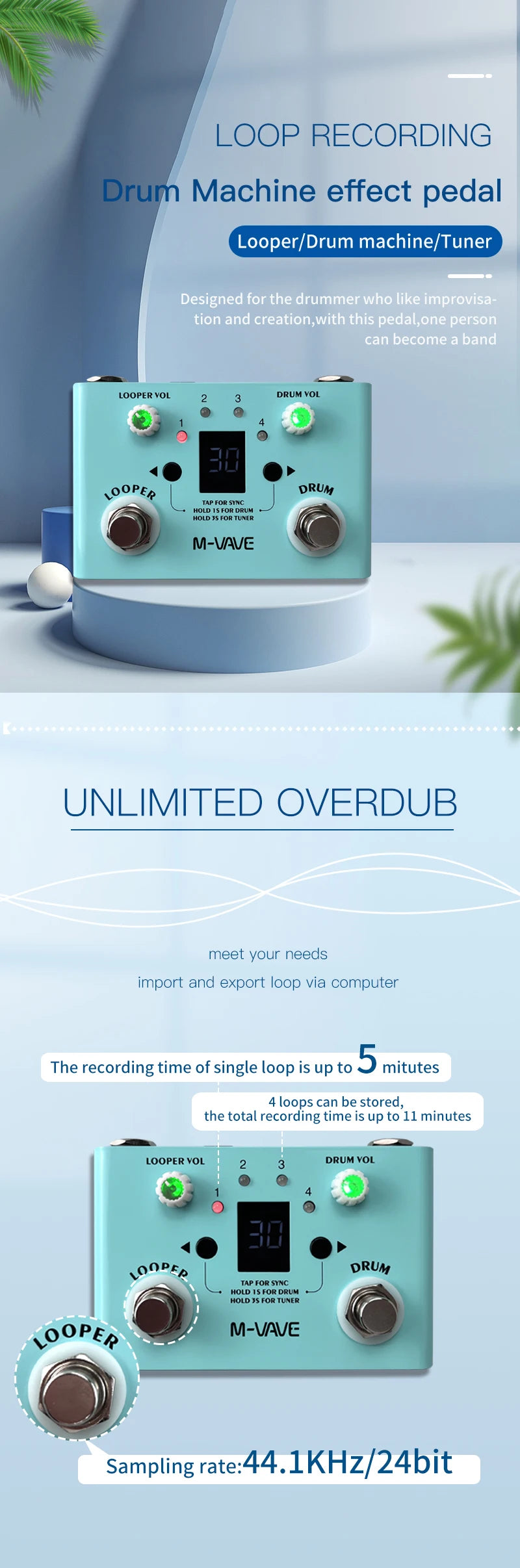 M-VAVE Guitar Effect Pedal Drum Looper Effector Mini 2-in-1 Machine Double Footswitch Looper Pedal LOST TEMPO CUVAVE