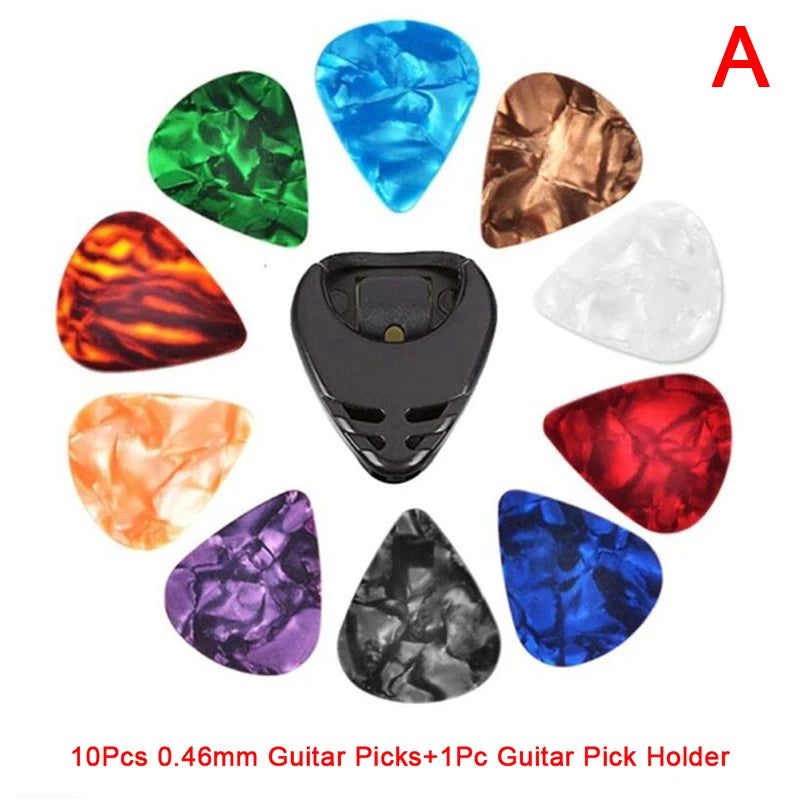 10pc 0.46mm 0.71mm 0.96mm Acoustic Picks Plectrum Celluloid Electric Smooth Guitar Pick Accessories random color with 1pc Holder