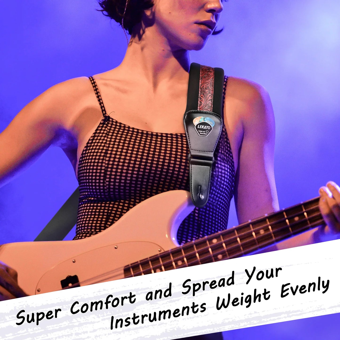 LEKATO LGS-2  Electric Guitar Strap Shoulder Belt Adjustable 3D Sponge Musical Belt Guitar Strap 3" Wide With Pick Holder