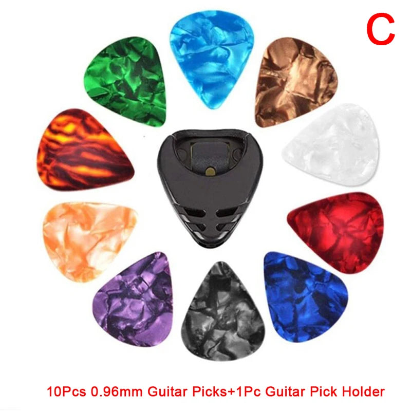 10pc 0.46mm 0.71mm 0.96mm Acoustic Picks Plectrum Celluloid Electric Smooth Guitar Pick Accessories random color with 1pc Holder