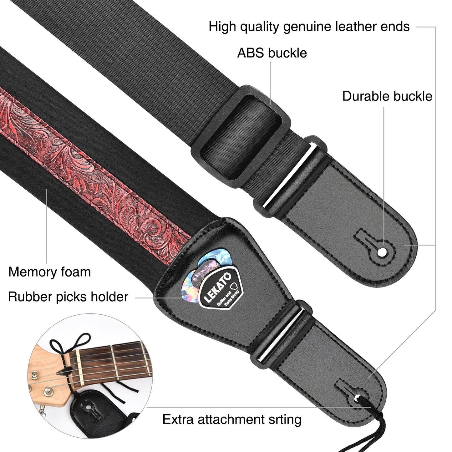 LEKATO LGS-2  Electric Guitar Strap Shoulder Belt Adjustable 3D Sponge Musical Belt Guitar Strap 3" Wide With Pick Holder