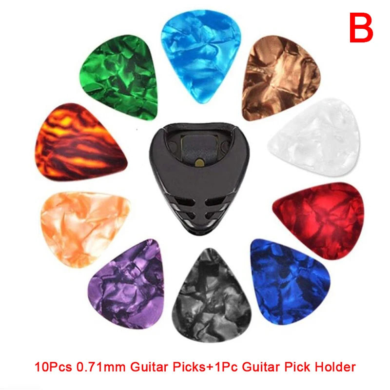 10pc 0.46mm 0.71mm 0.96mm Acoustic Picks Plectrum Celluloid Electric Smooth Guitar Pick Accessories random color with 1pc Holder