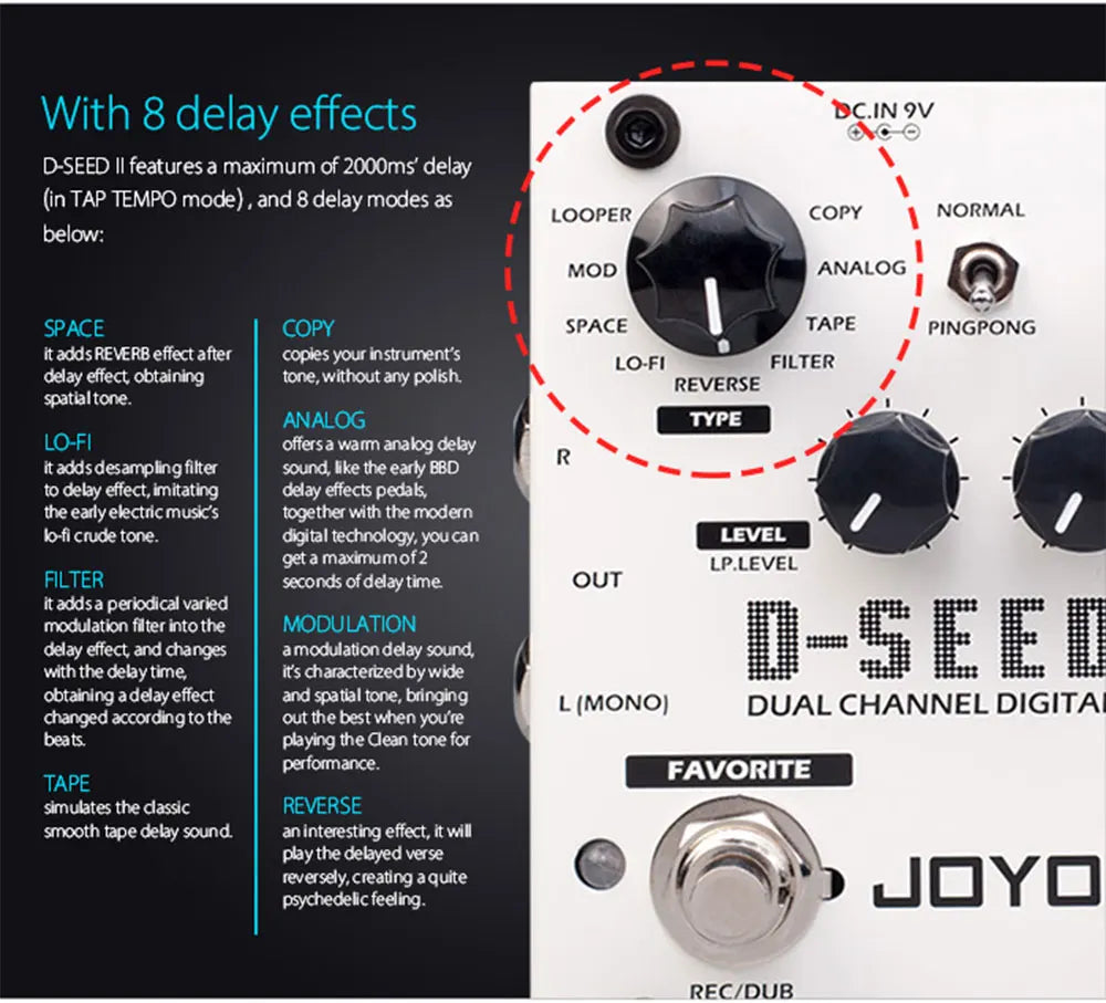 JOYO D-SEED II Digital Delay Guitar Pedal Dual Channel Stereo Effect 2-Second Looper Preset Memory 8 Delay Modes