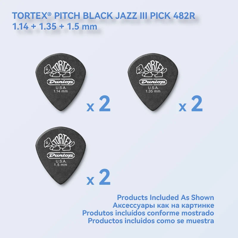 Dunlop Guitar Picks Tortex Pitch Black Jazz III Pick Plectrum Mediator 0.5/0.6/0.73/0.88/1.0/1.14/1.35/1.5 mm Guitar Accessories