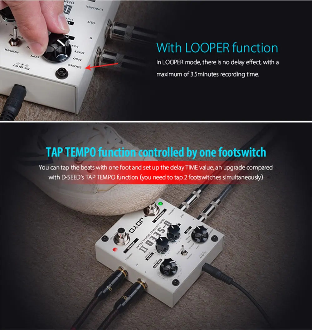 JOYO D-SEED II Digital Delay Guitar Pedal Dual Channel Stereo Effect 2-Second Looper Preset Memory 8 Delay Modes