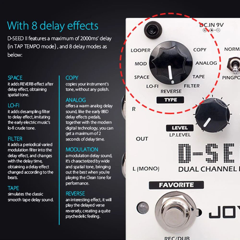 JOYO D-SEED II Digital Delay Guitar Pedal Dual Channel Stereo Effect 2-Second Looper Preset Memory 8 Delay Modes