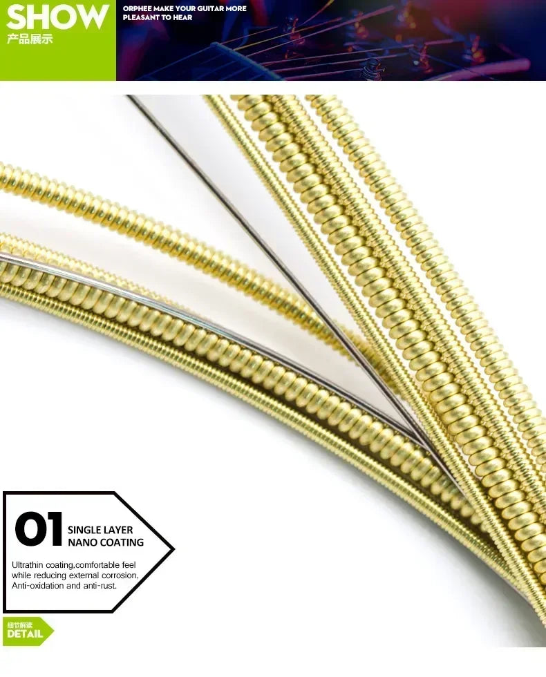 Orphee Acoustic Guitar String Carbon Steel Hexagonal Core Full Bright Tone Stringed Instrument Guitar Parts Folk Guitar String