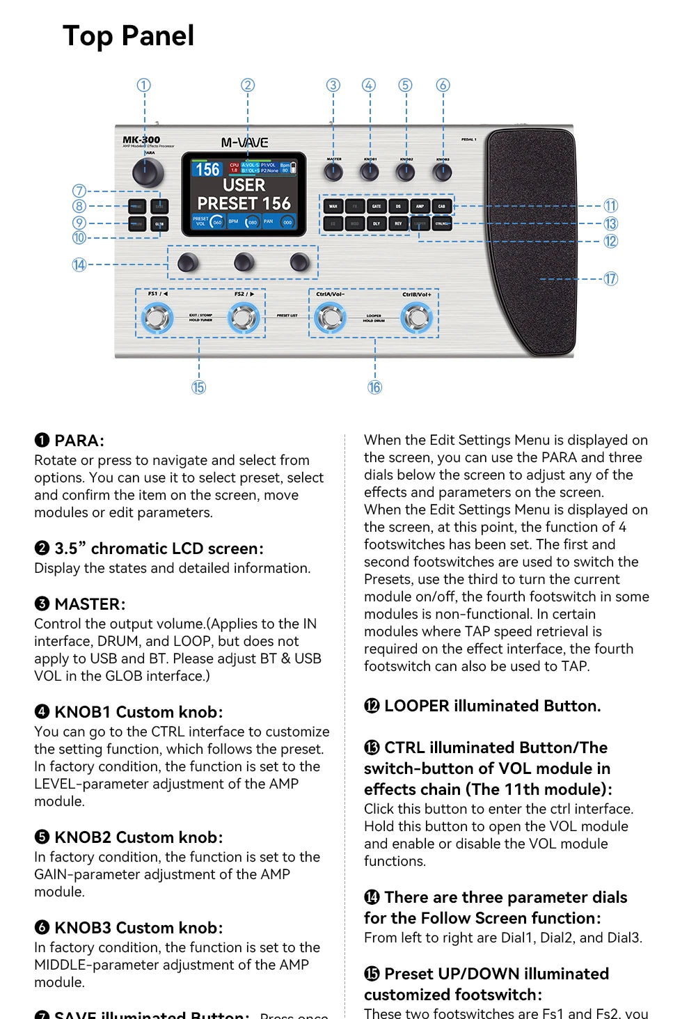 M-VAVE MK-300 Multi-Function Guitar/Bass Effector Pedal | 300s Looper+128 Drum MIDI DAW | ANN Neural Modeling 120AMP/360FX