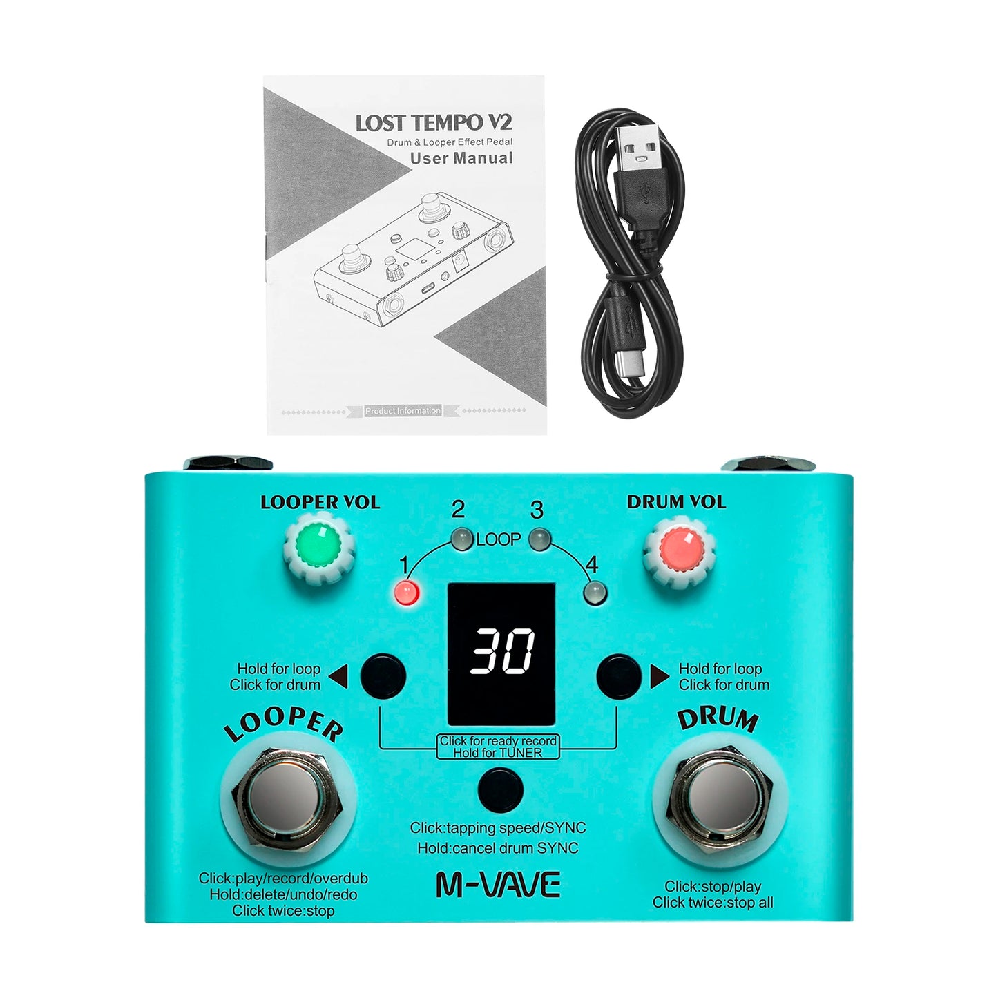 M-VAVE Guitar Effect Pedal Drum Looper Effector 30 Drums 11 Mins Looper Recoding Time High Precision Tuner LOST TEMPO CUVAVE