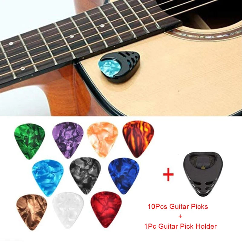 10pc 0.46mm 0.71mm 0.96mm Acoustic Picks Plectrum Celluloid Electric Smooth Guitar Pick Accessories random color with 1pc Holder