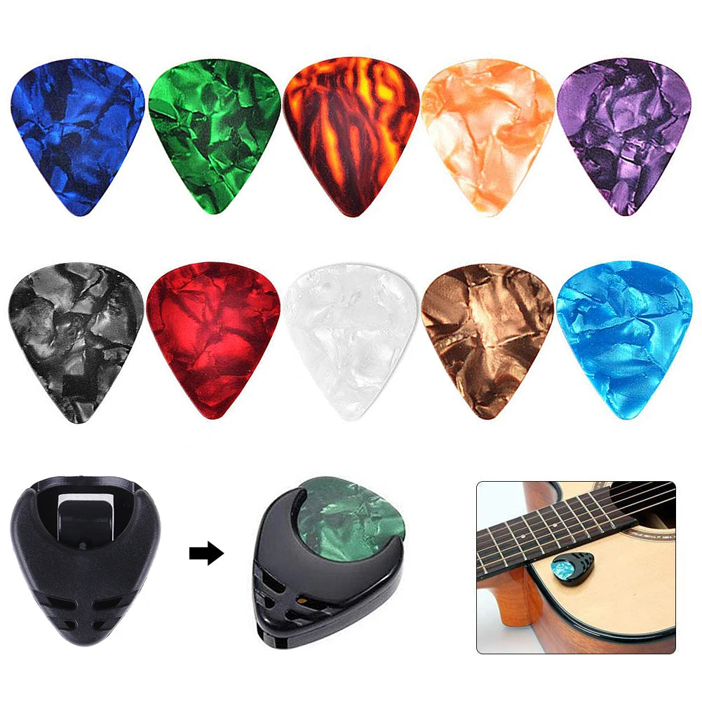 10Pcs Electric Guitar Picks Colorful Guitar Picks & Pick Holder Set Bass Picks Multifunction Celluloid Guitar Accessories