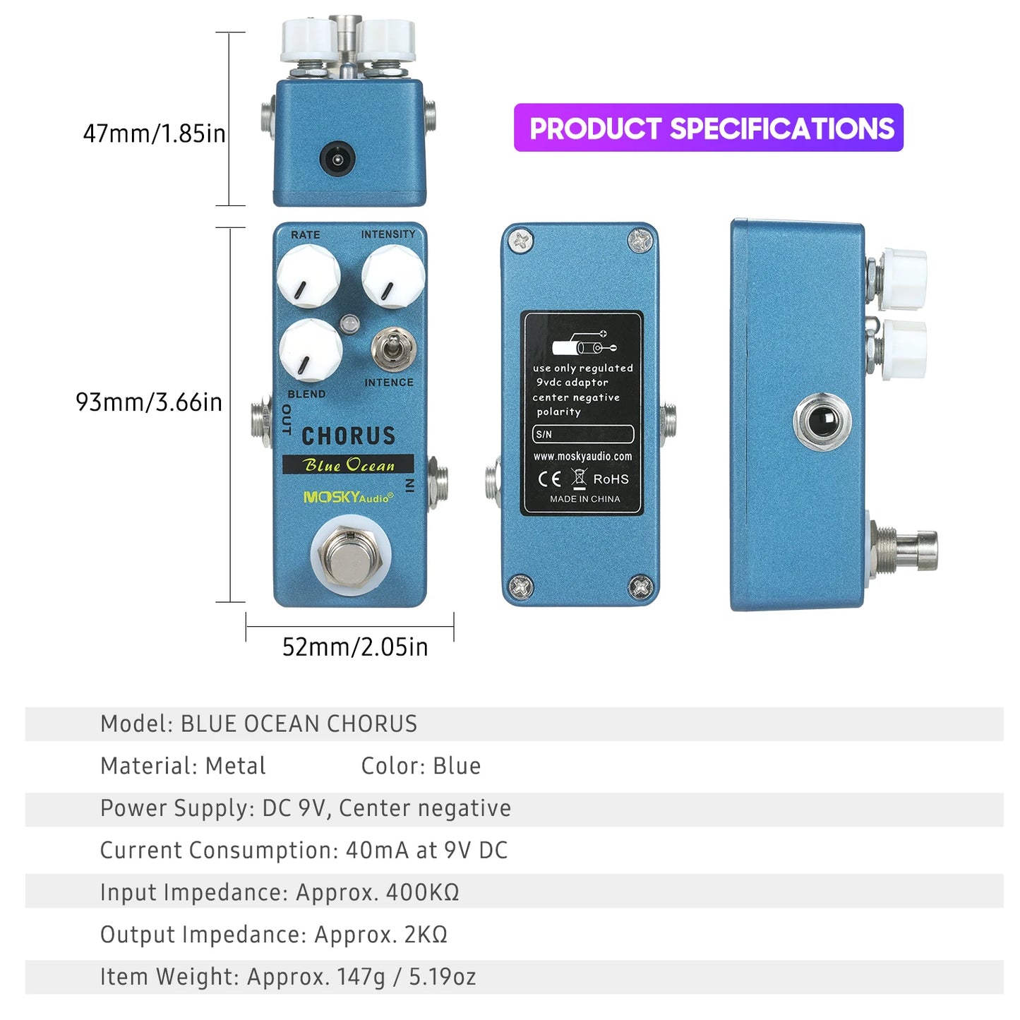 MOSKYaudio Blue Ocean Chorus Guitar Effect Pedal Chorus/True Bypass Rate + Blend + Intensity + Intence  Effect Pedal