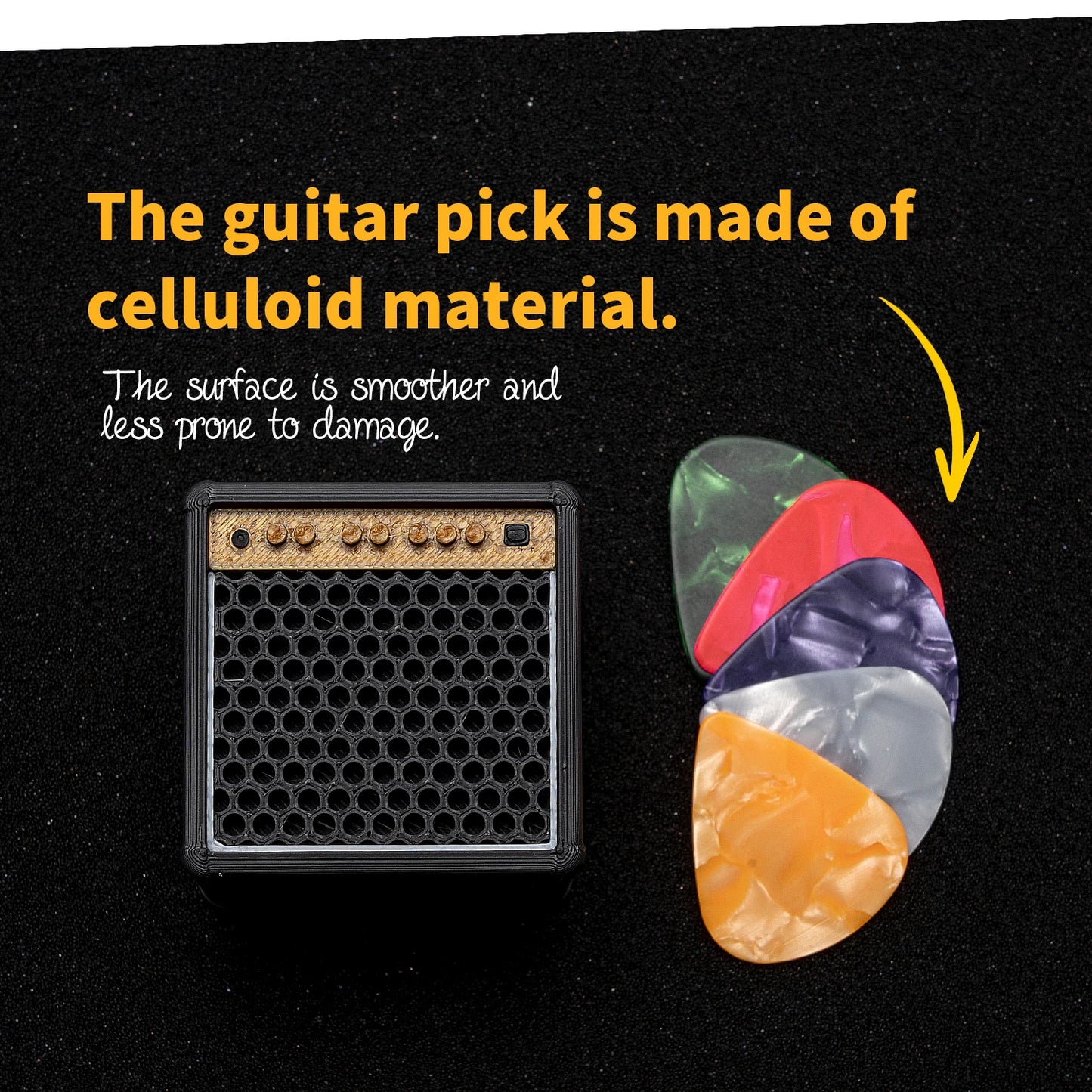 A set of 5 guitar picks + 1 speaker cabinet-shaped storage box, with an adorable design specifically for guitar picks.