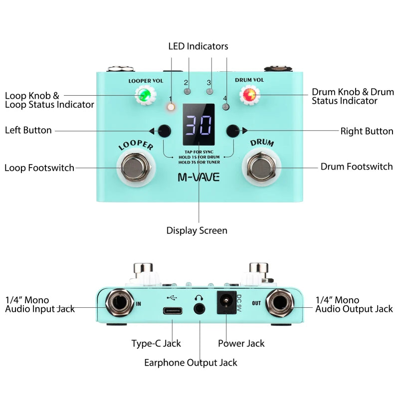 M-VAVE Guitar Effect Pedal Drum Looper Effector 30 Drums 11 Mins Looper Recoding Time High Precision Tuner LOST TEMPO CUVAVE