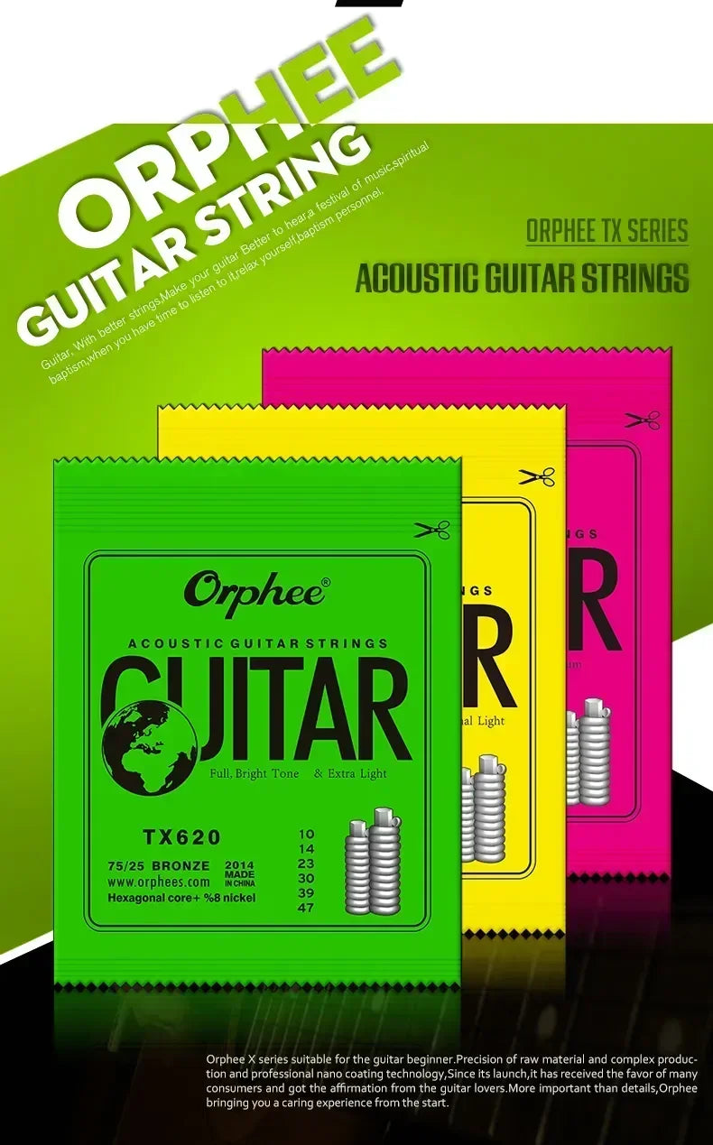 Orphee Acoustic Guitar String Carbon Steel Hexagonal Core Full Bright Tone Stringed Instrument Guitar Parts Folk Guitar String