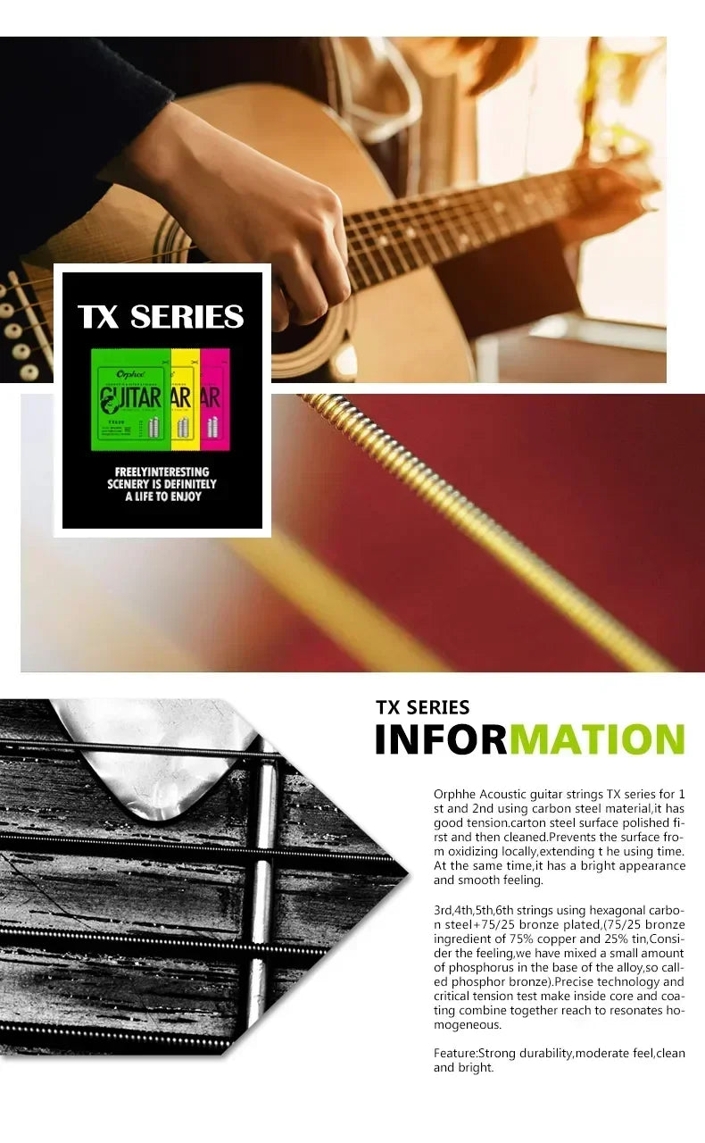 Orphee Acoustic Guitar String Carbon Steel Hexagonal Core Full Bright Tone Stringed Instrument Guitar Parts Folk Guitar String