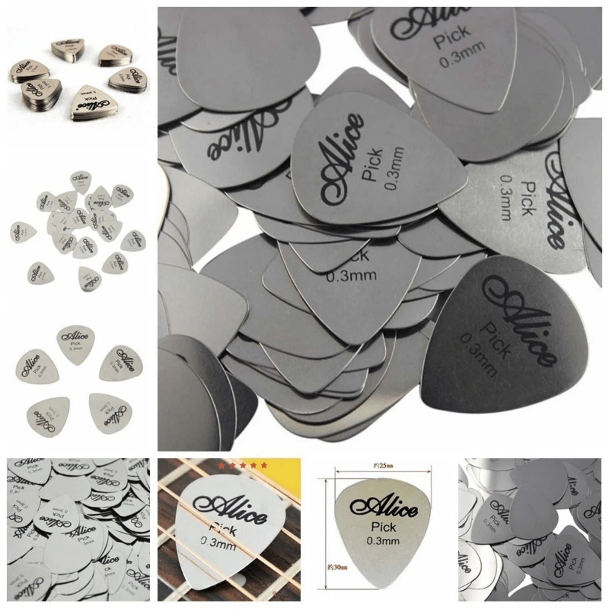 Alice 10Pcs Metal Guitar Pick 0.3mm Thin Durable Silver Color Professional Bass Ukelele Guitar Picks Guitar Amplifier Bass Guita