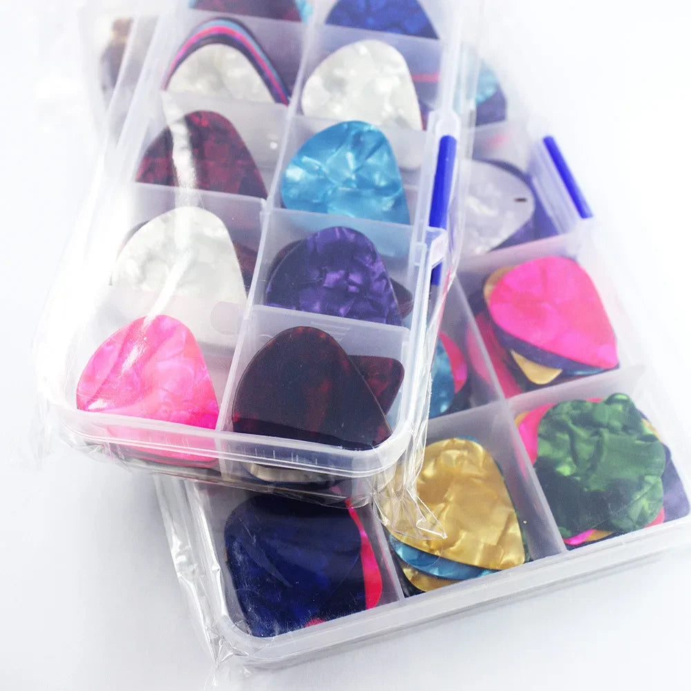 Lots of 100Pcs Mix Color with Box Soli Celluloid Guitar Picks Plectrum 0.46/0.71/0.81/0.96/1.2/1.5mm Size Optional