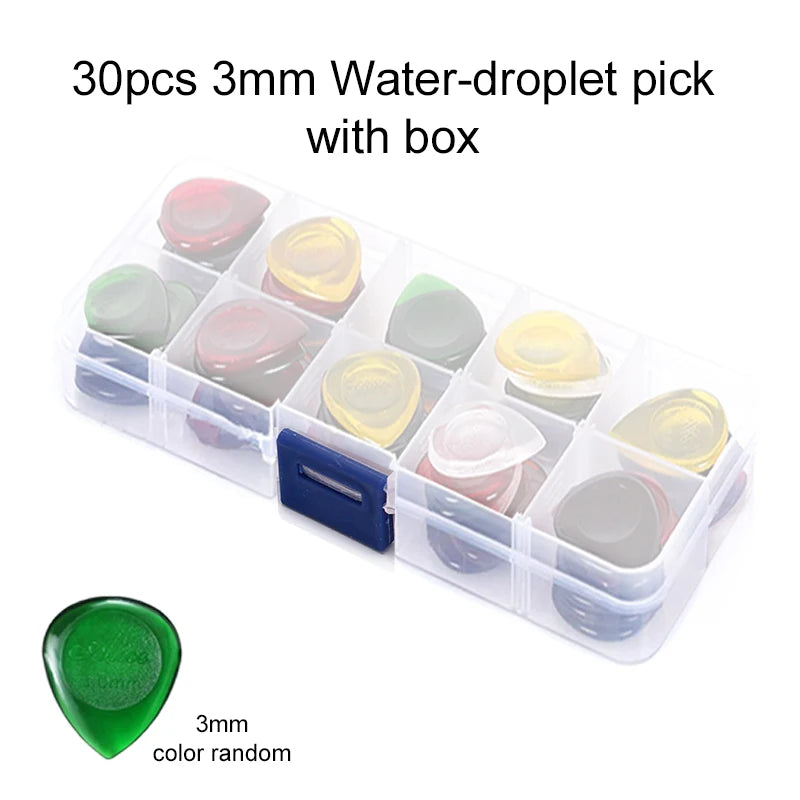 30pcs Guitar Pick with Box Solid Color Celluloid Water Droplet Shape String Instrument Accessory for Electric Guitar Bass TMZ