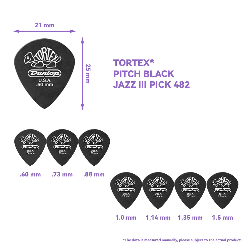 Dunlop Guitar Picks Tortex Pitch Black Jazz III Pick Plectrum Mediator 0.5/0.6/0.73/0.88/1.0/1.14/1.35/1.5 mm Guitar Accessories