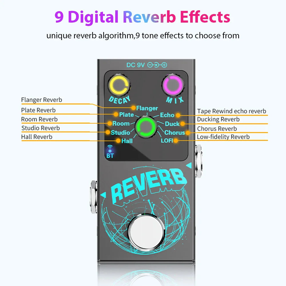 Guitar Effects Pedal Digital Reverb Guitar 9 Different Reverb Guitar Effect Pedal Wireless Accompaniment DECAY/MIX Luminous