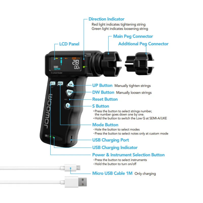 JOWOOM T2 Multi-functional Smart Guitar Tuner Peg String Winder for Guitar Ukulele Chromatic Tuning Built-in Rechargeable