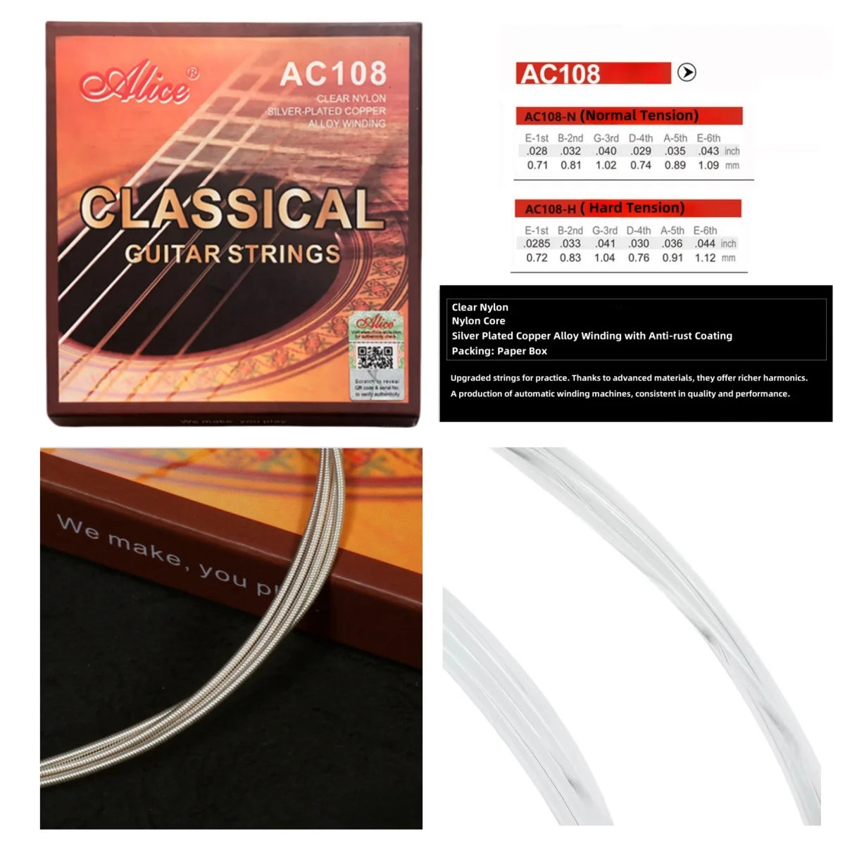 Alice Classical Guitar Strings 6 Pcs/Set Nylon Core Strings Instruments Accessories/AC148/AC158/AC108/AC130/AC139/AC136/AC132
