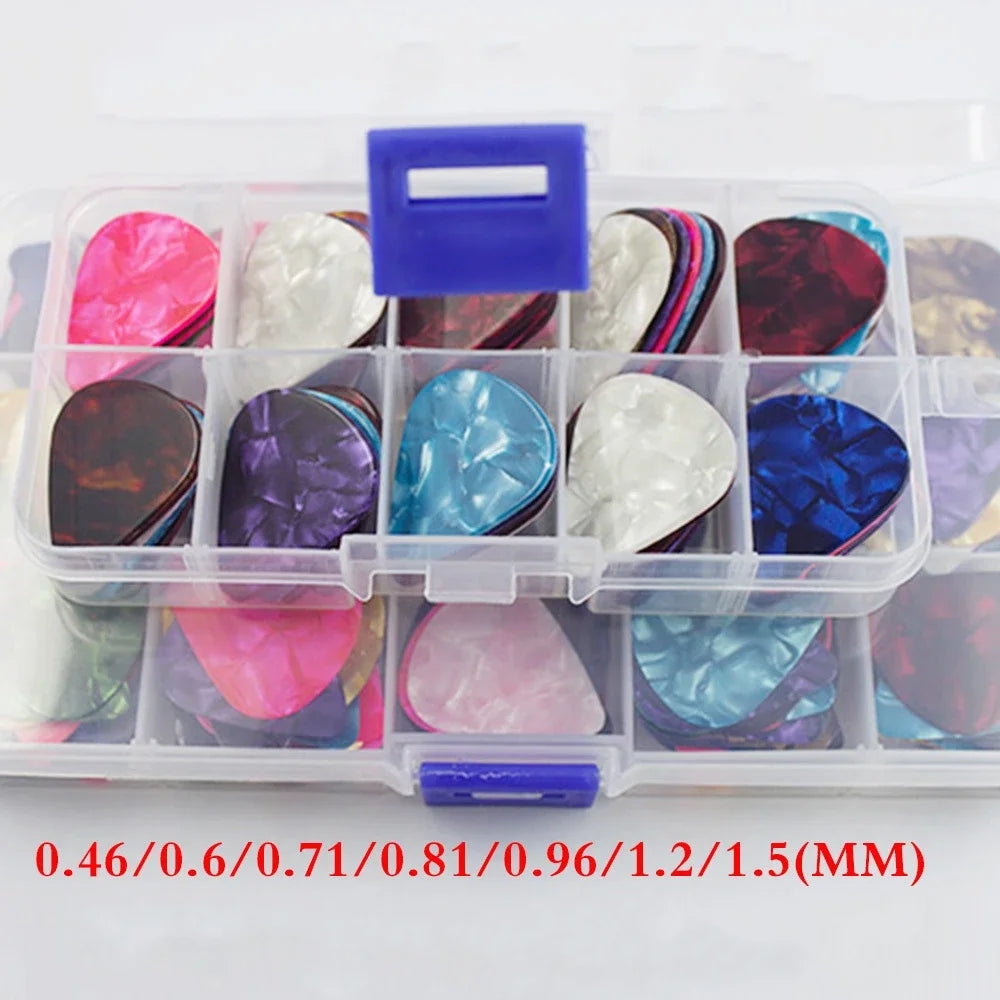 Lots of 100Pcs Mix Color with Box Soli Celluloid Guitar Picks Plectrum 0.46/0.71/0.81/0.96/1.2/1.5mm Size Optional