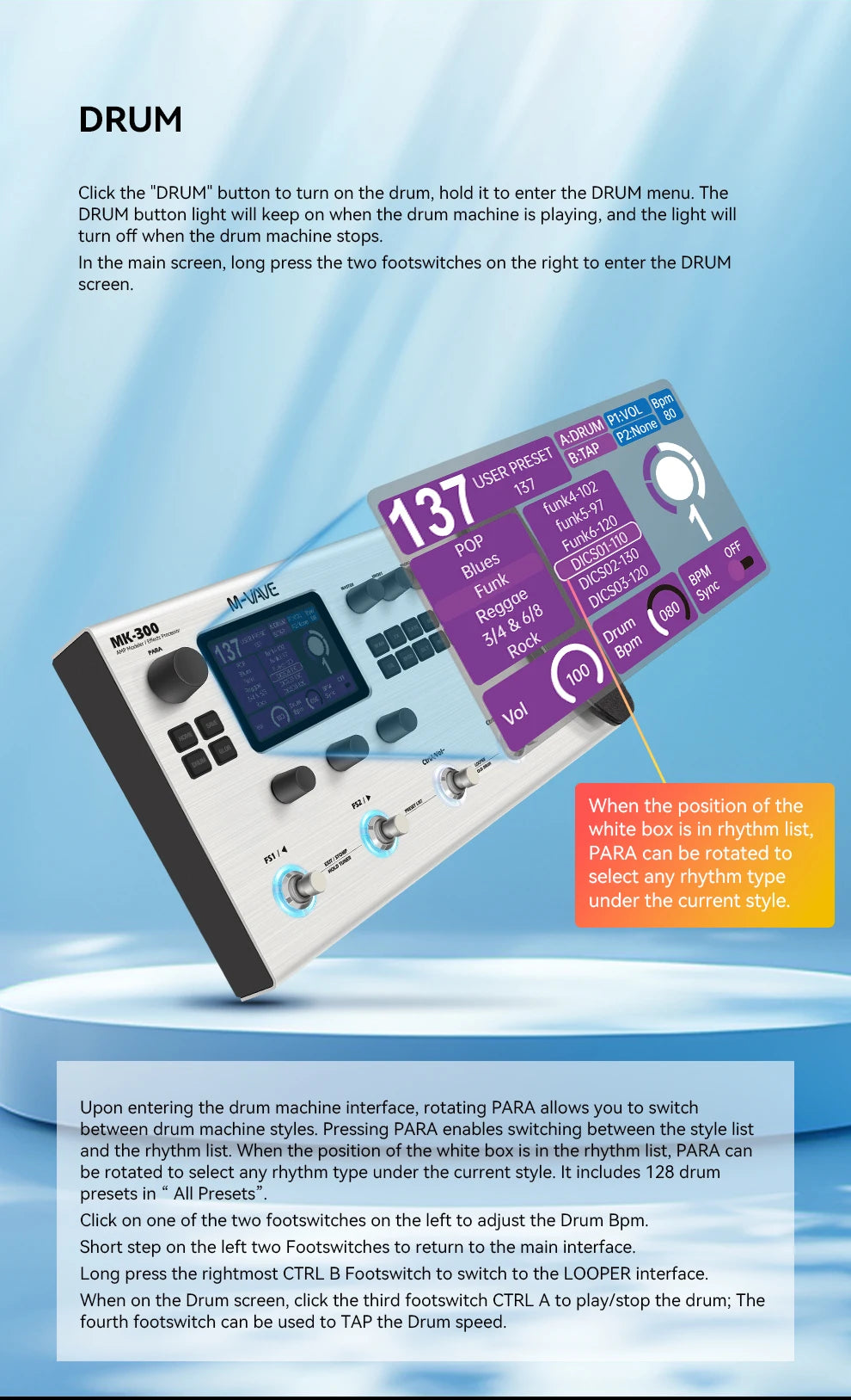 M-VAVE MK-300 Multi-Function Guitar/Bass Effector Pedal | 300s Looper+128 Drum MIDI DAW | ANN Neural Modeling 120AMP/360FX