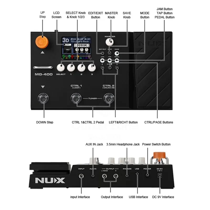 NUX MG-400 Professional Guitar Multi Effects Pedal Amp Modeling 512 samples IR 10 Independent Moveable Signal Blocks