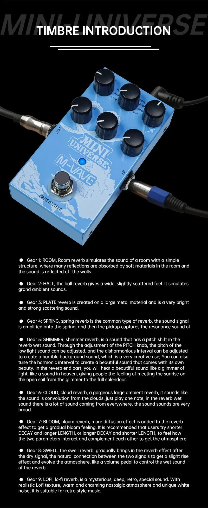 M-VAVE MINI-UNIVERSE Electric Guitar Reverb Effects Pedal  9 Reverb Effects Room/Shimmer/Lofi/Spring Reveb Guitar Pedal