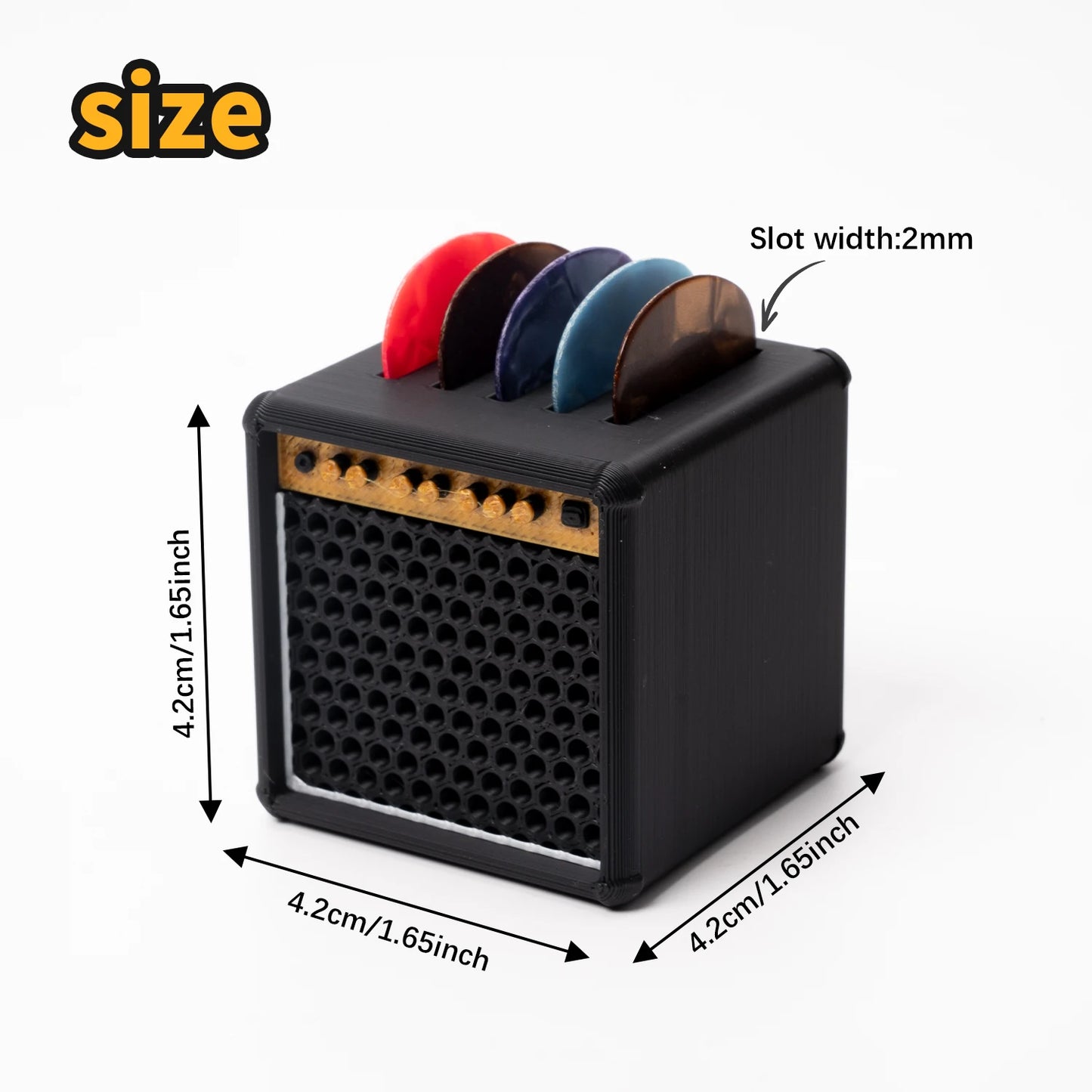 A set of 5 guitar picks + 1 speaker cabinet-shaped storage box, with an adorable design specifically for guitar picks.